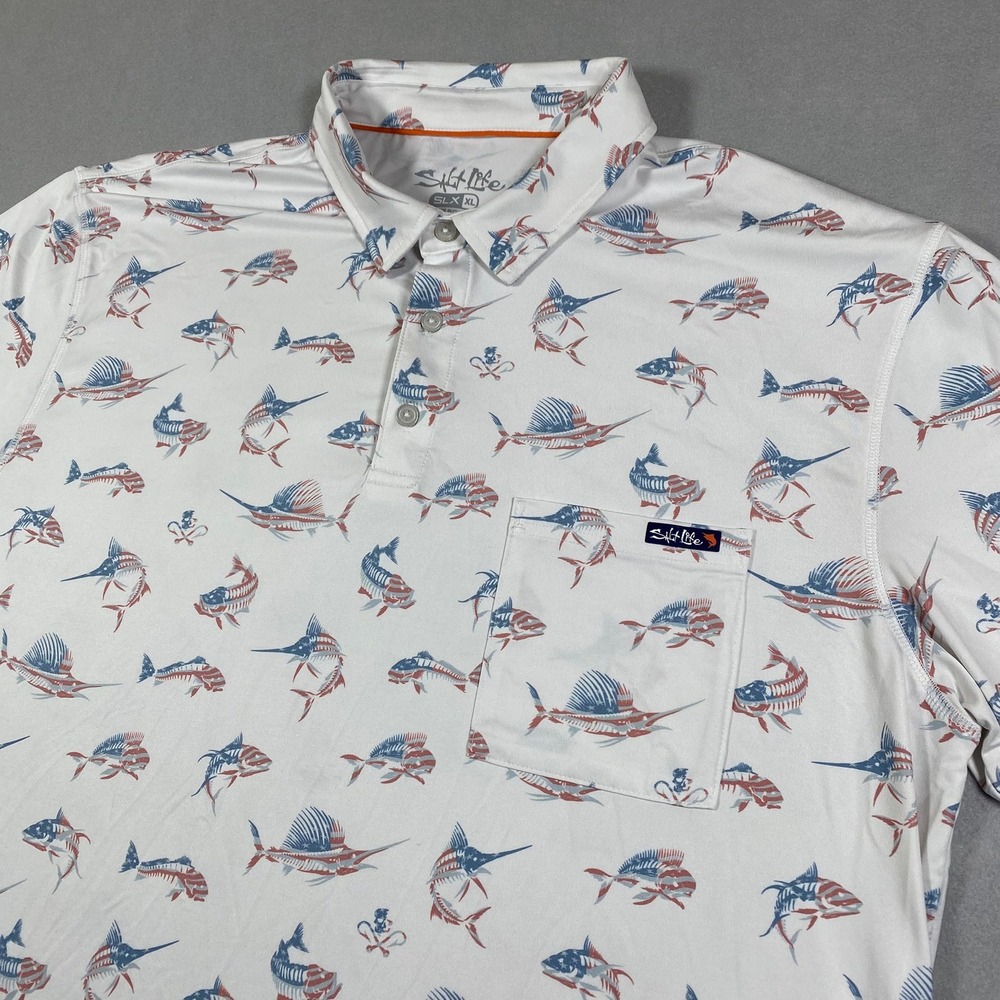 Salt Life SLX Performance Mens Polo American Flag Fish Print White XL
